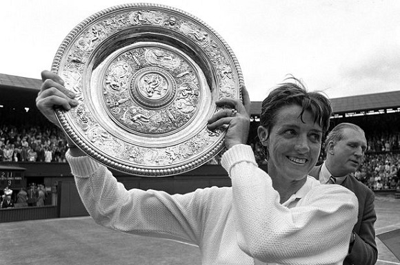 Margaret Court holds the Ladies Singles Plate after beating USA's Billie Jean-King, 1970